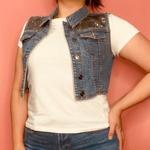 Crop Denim Jacket Bedazzled Detail Collar Neckline